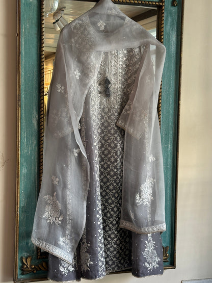 Natural Grey Ombre Shade Noor Organza Chikankari Anarkali With Dupatta