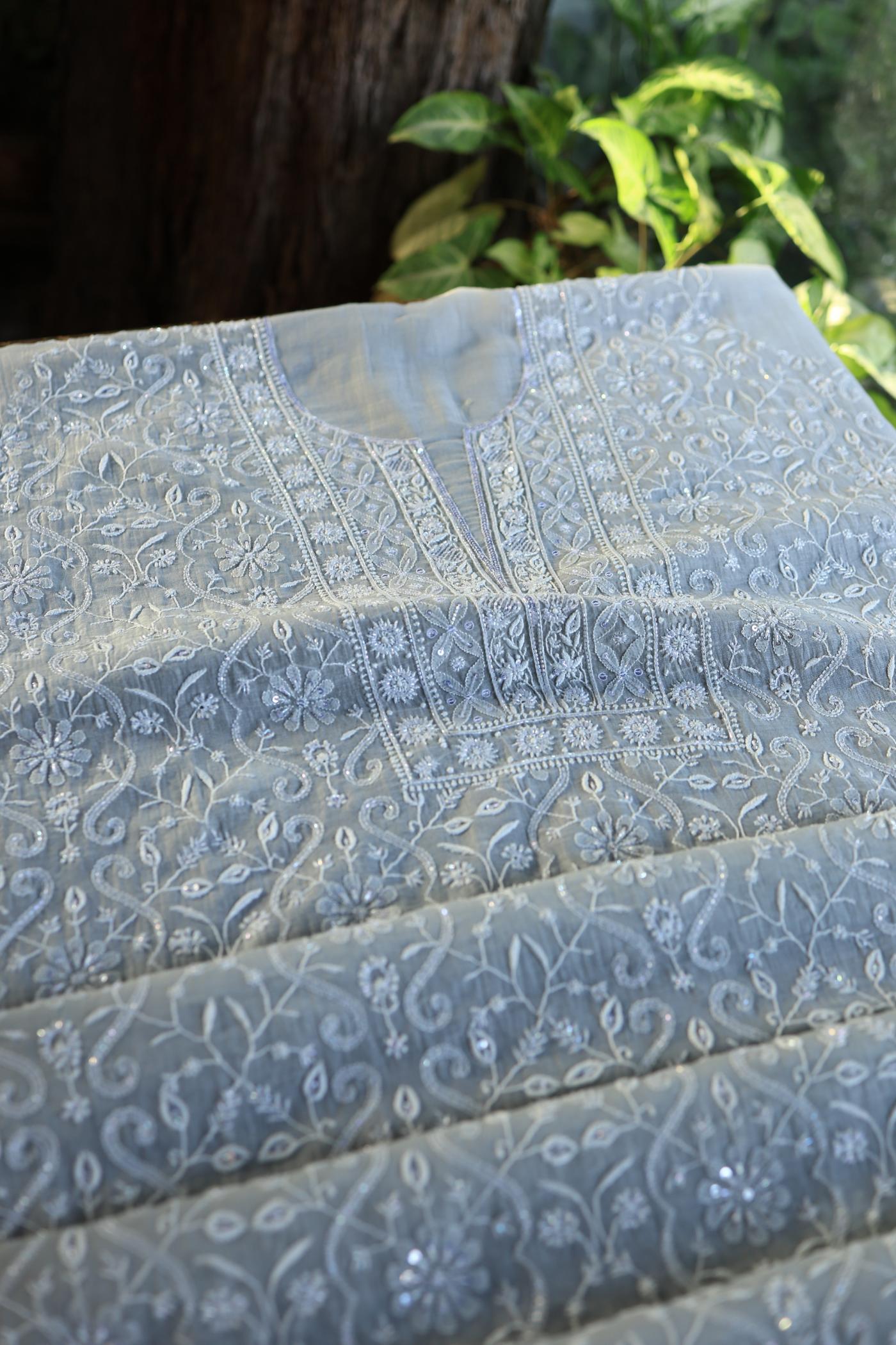 Natural Grey Shade Chanderi Silk Mukaish Badla Unstitched Fabric