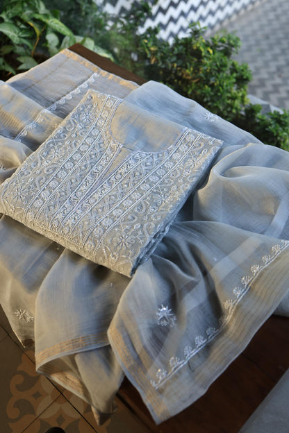 Natural Grey Shade Chanderi Silk Mukaish Badla Unstitched Fabric