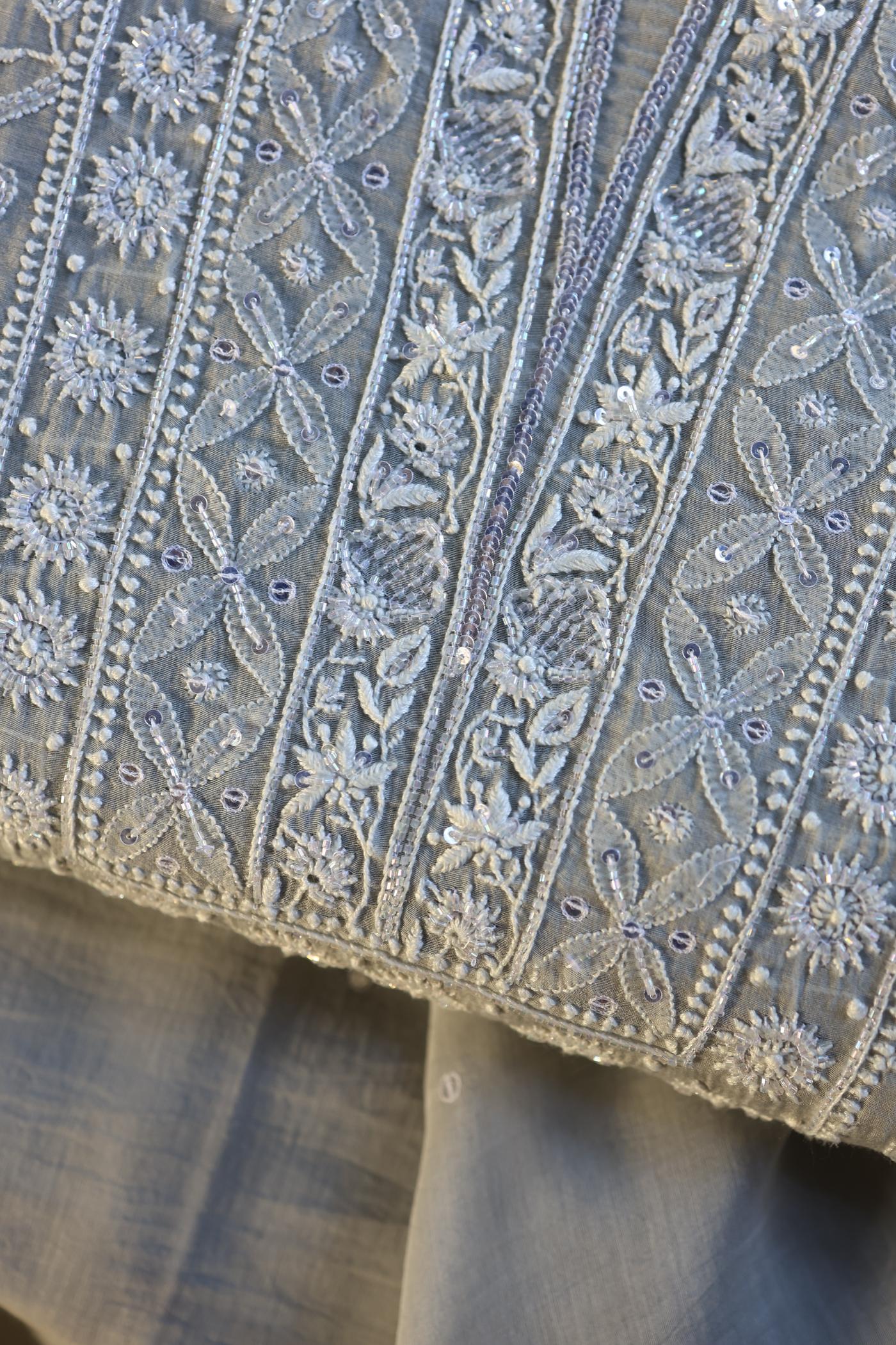 Natural Grey Shade Chanderi Silk Mukaish Badla Unstitched Fabric