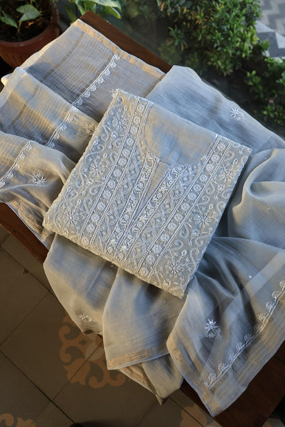 Natural Grey Shade Chanderi Silk Mukaish Badla Unstitched Fabric