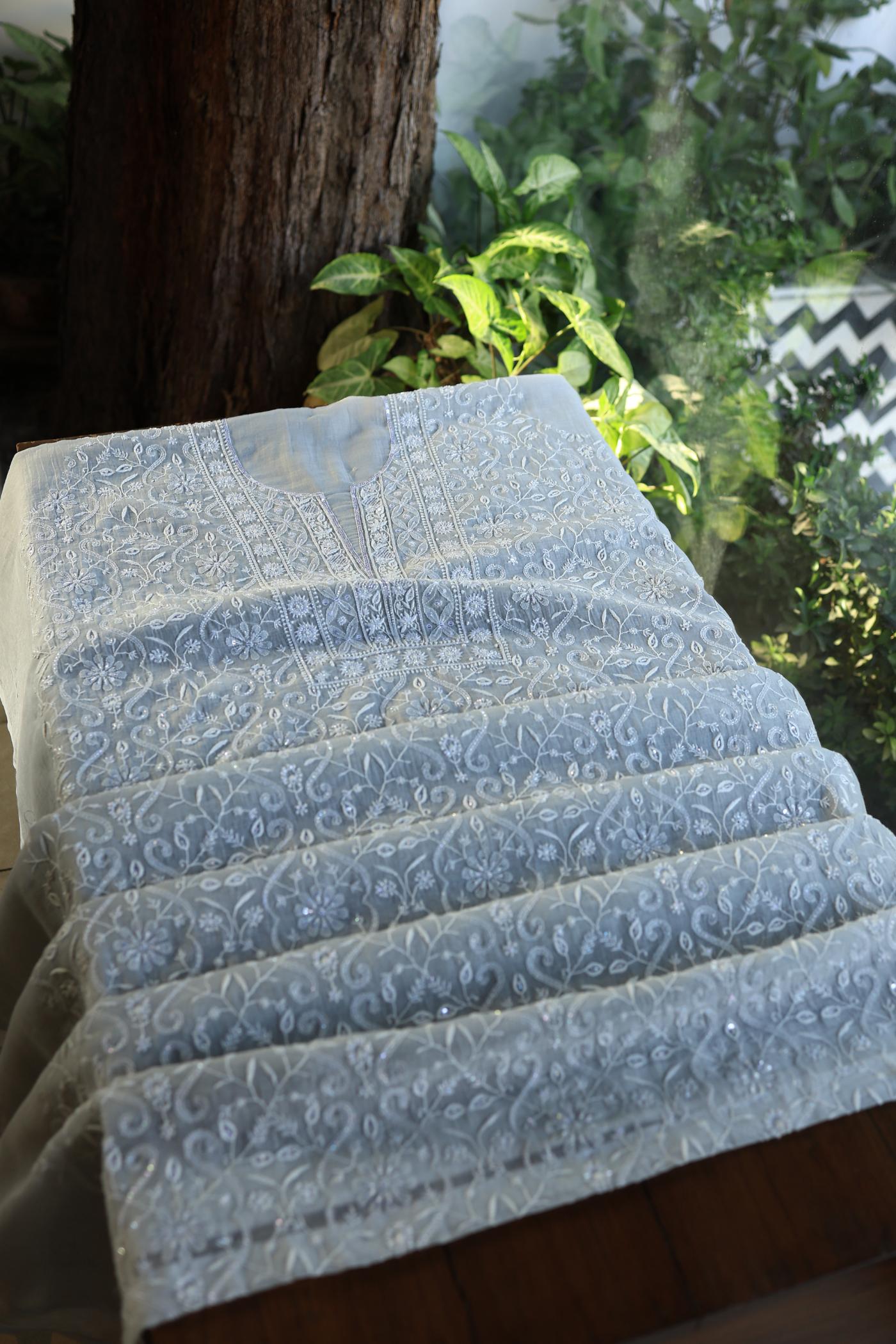 Natural Grey Shade Chanderi Silk Mukaish Badla Unstitched Fabric