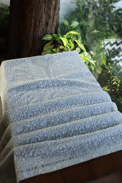 Natural Grey Shade Chanderi Silk Mukaish Badla Unstitched Fabric