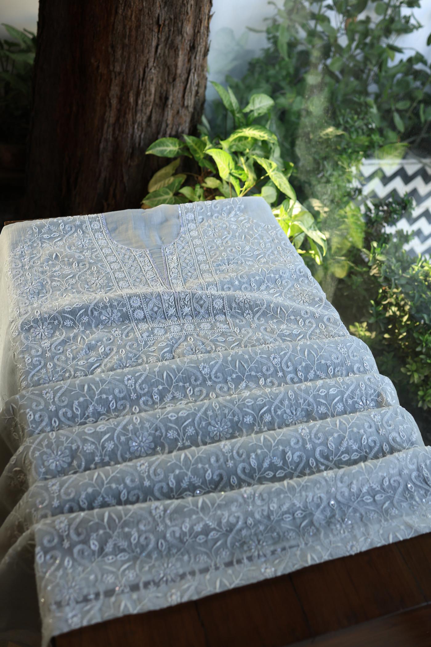 Natural Grey Shade Chanderi Silk Mukaish Badla Unstitched Fabric