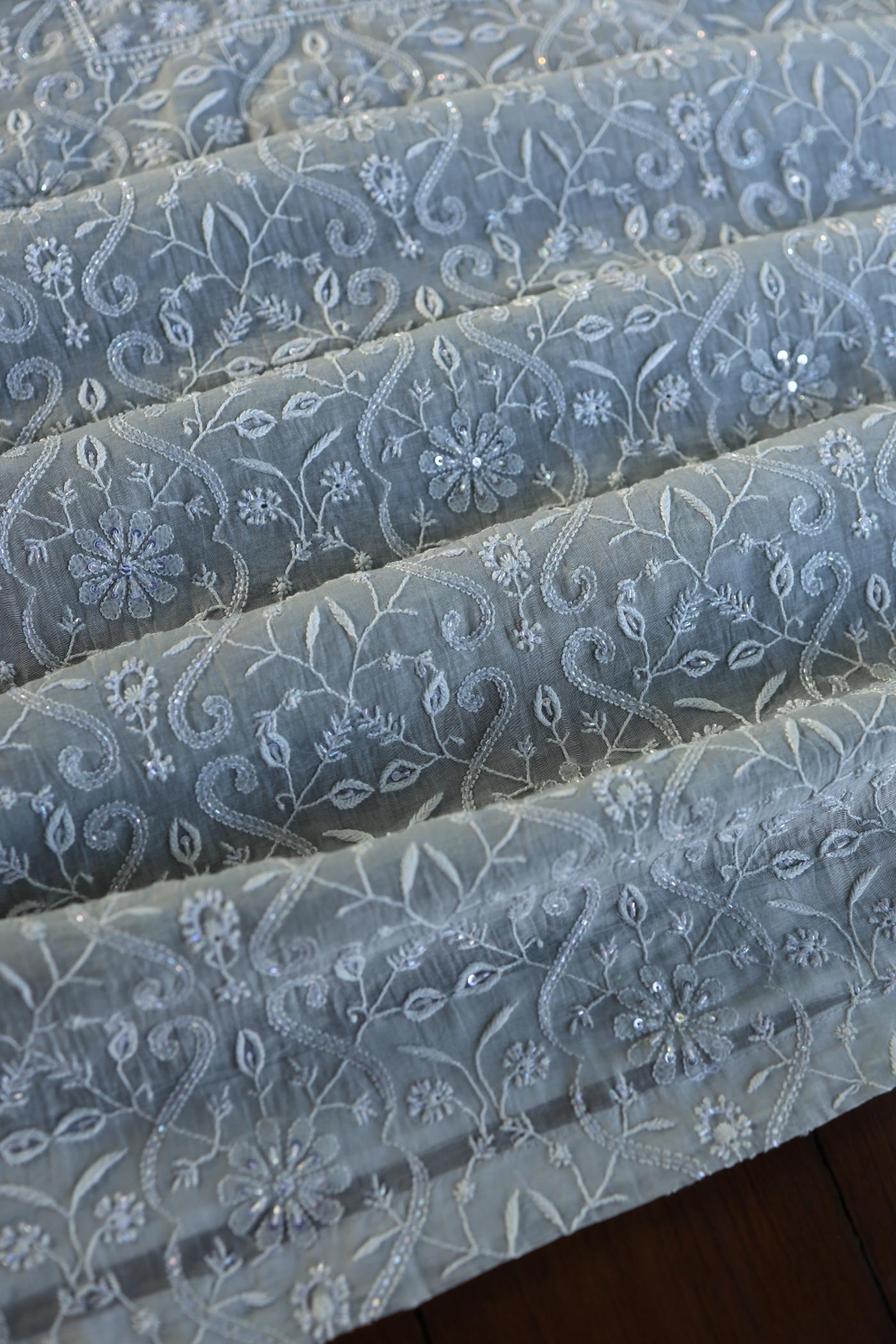 Natural Grey Shade Chanderi Silk Mukaish Badla Unstitched Fabric