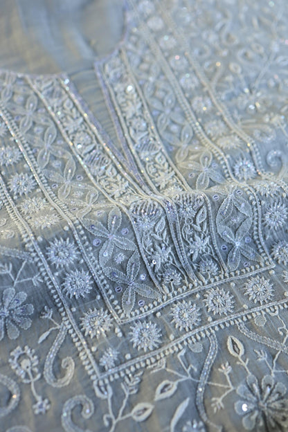 Natural Grey Shade Chanderi Silk Mukaish Badla Unstitched Fabric