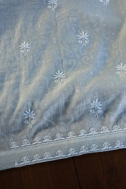 Natural Grey Shade Chanderi Silk Mukaish Badla Unstitched Fabric