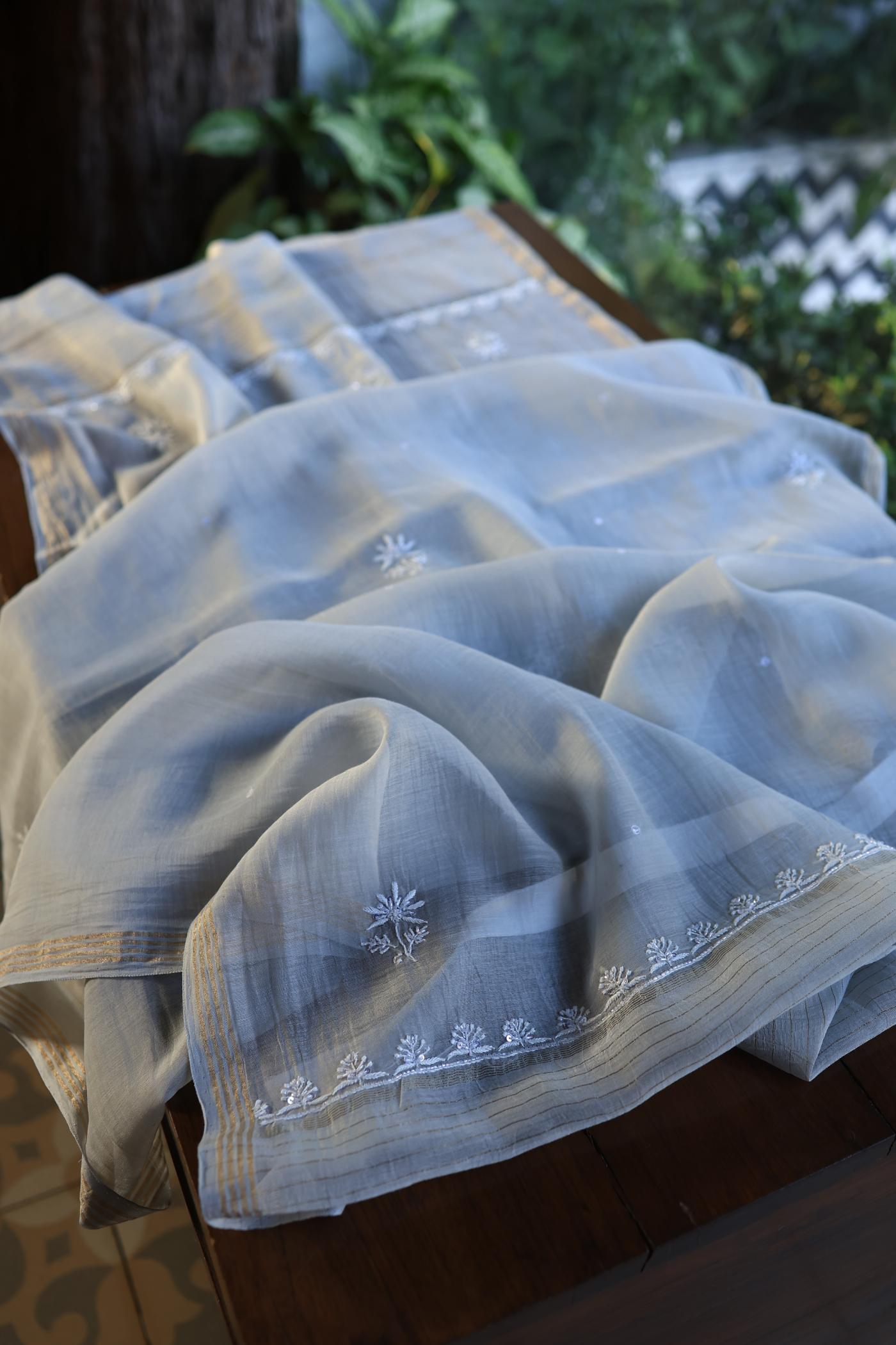 Natural Grey Shade Chanderi Silk Mukaish Badla Unstitched Fabric