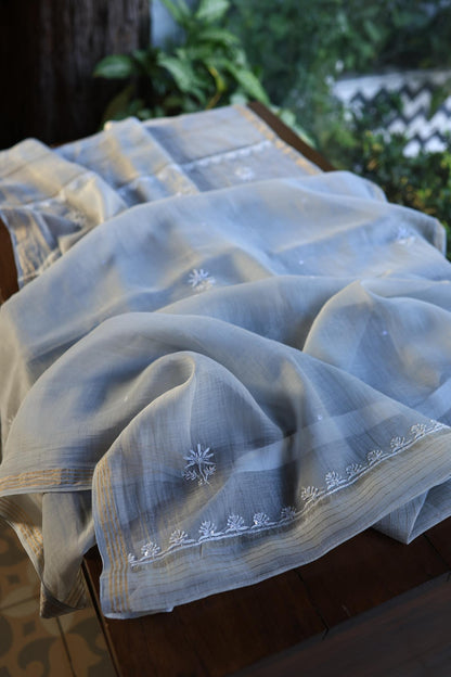 Natural Grey Shade Chanderi Silk Mukaish Badla Unstitched Fabric