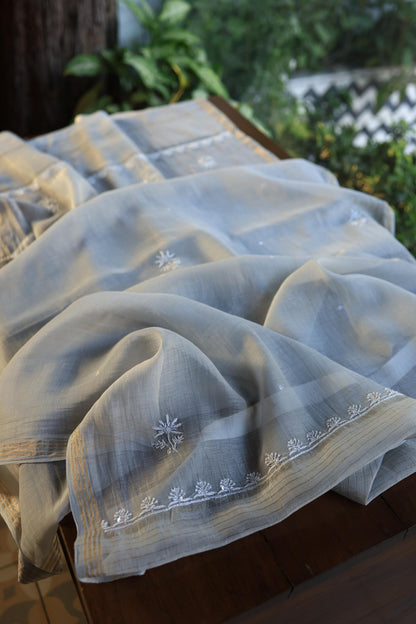 Natural Grey Shade Chanderi Silk Mukaish Badla Unstitched Fabric