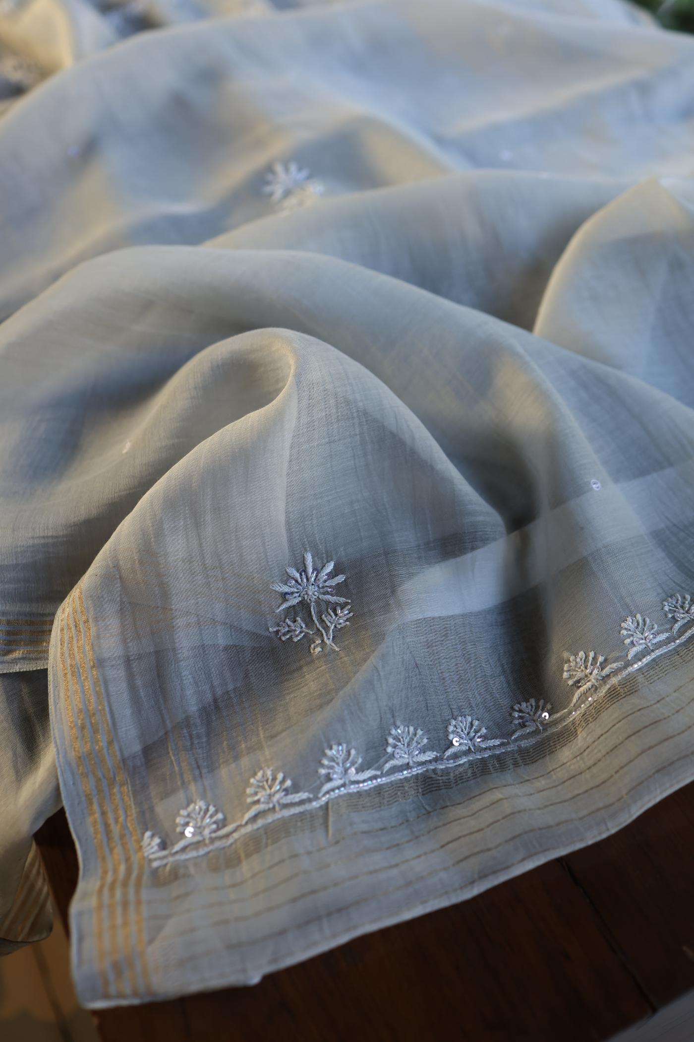 Natural Grey Shade Chanderi Silk Mukaish Badla Unstitched Fabric