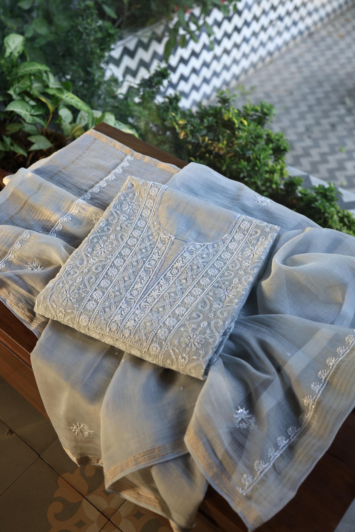 Natural Grey Shade Chanderi Silk Mukaish Badla Unstitched Fabric