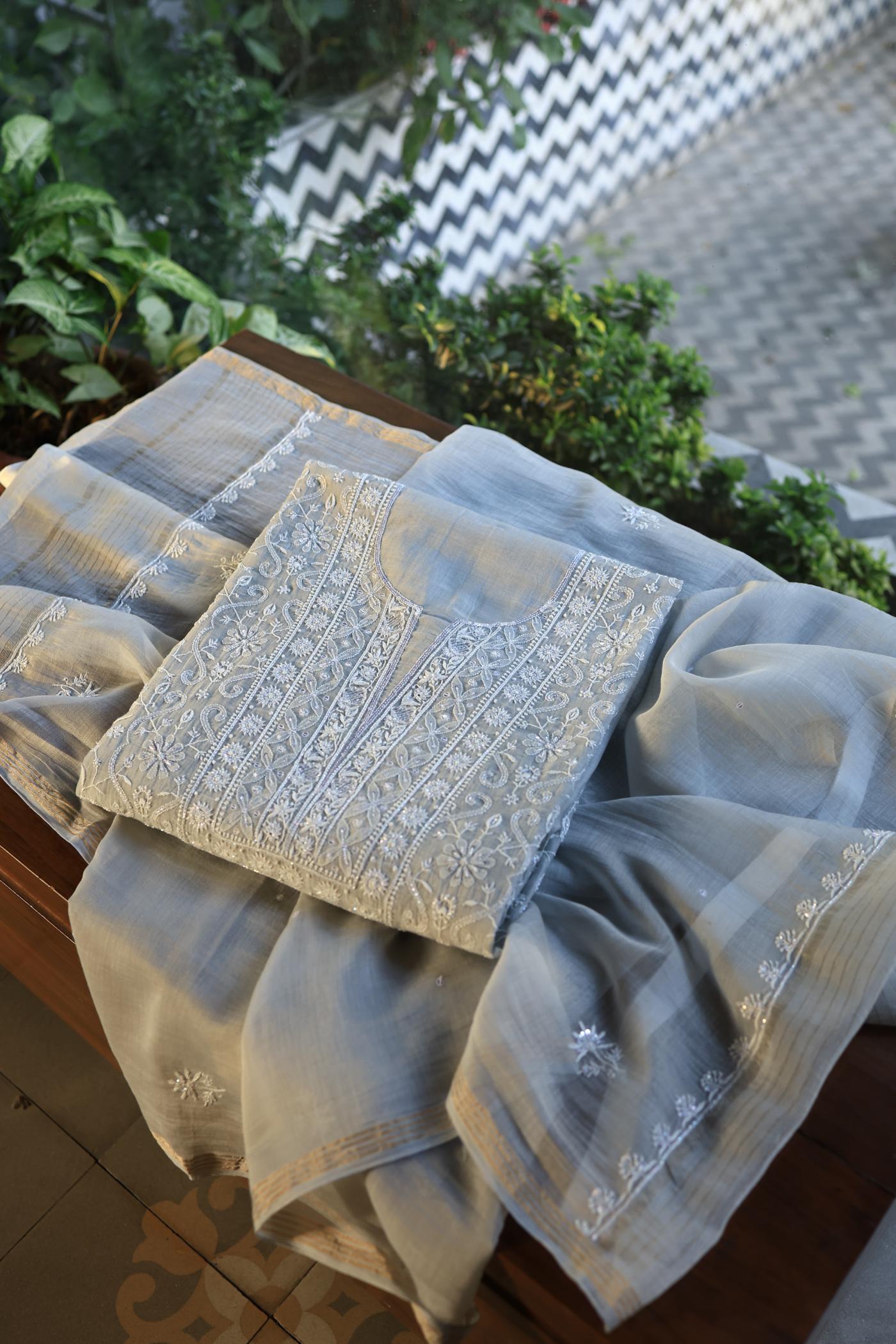 Natural Grey Shade Chanderi Silk Mukaish Badla Unstitched Fabric