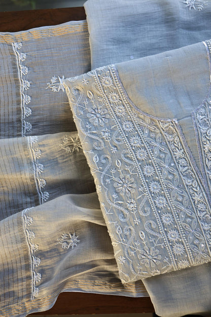 Natural Grey Shade Chanderi Silk Mukaish Badla Unstitched Fabric
