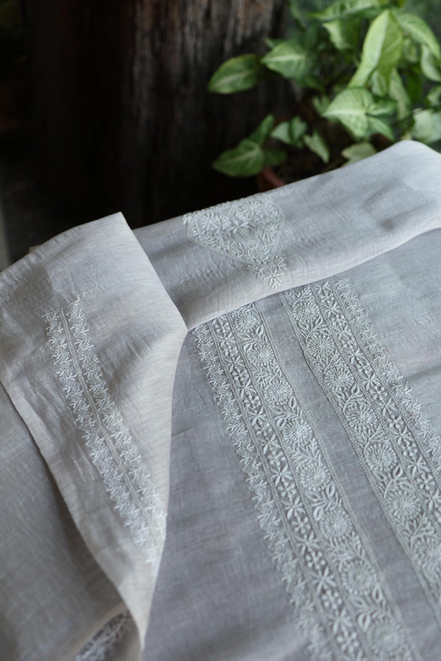 Natural Grey Shade Linen Chikankari Unstitched Men's Kurtas Fabric