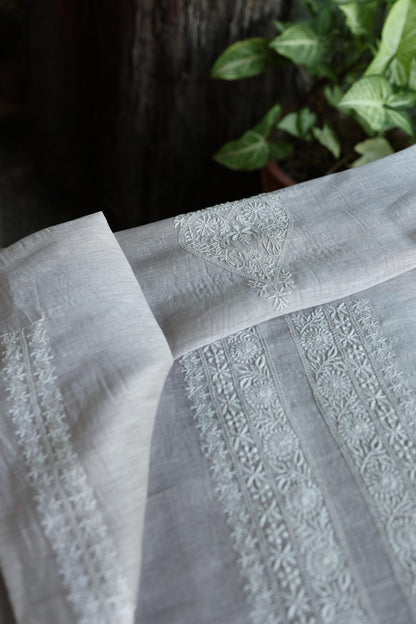 Natural Grey Shade Linen Chikankari Unstitched Men's Kurtas Fabric