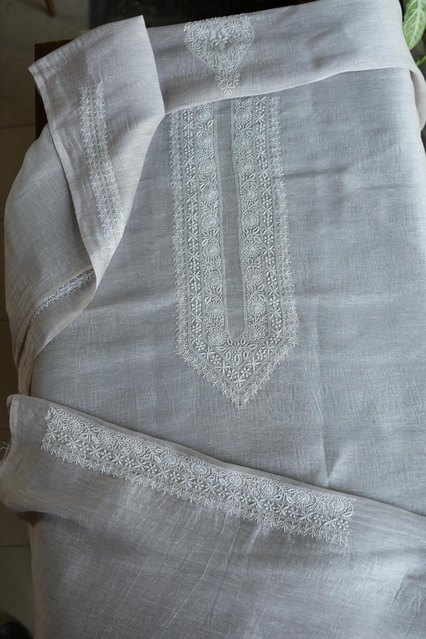 Natural Grey Shade Linen Chikankari Unstitched Men's Kurtas Fabric
