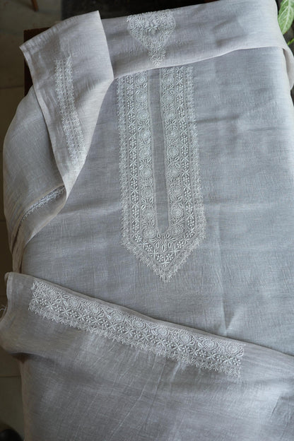 Natural Grey Shade Linen Chikankari Unstitched Men's Kurtas Fabric