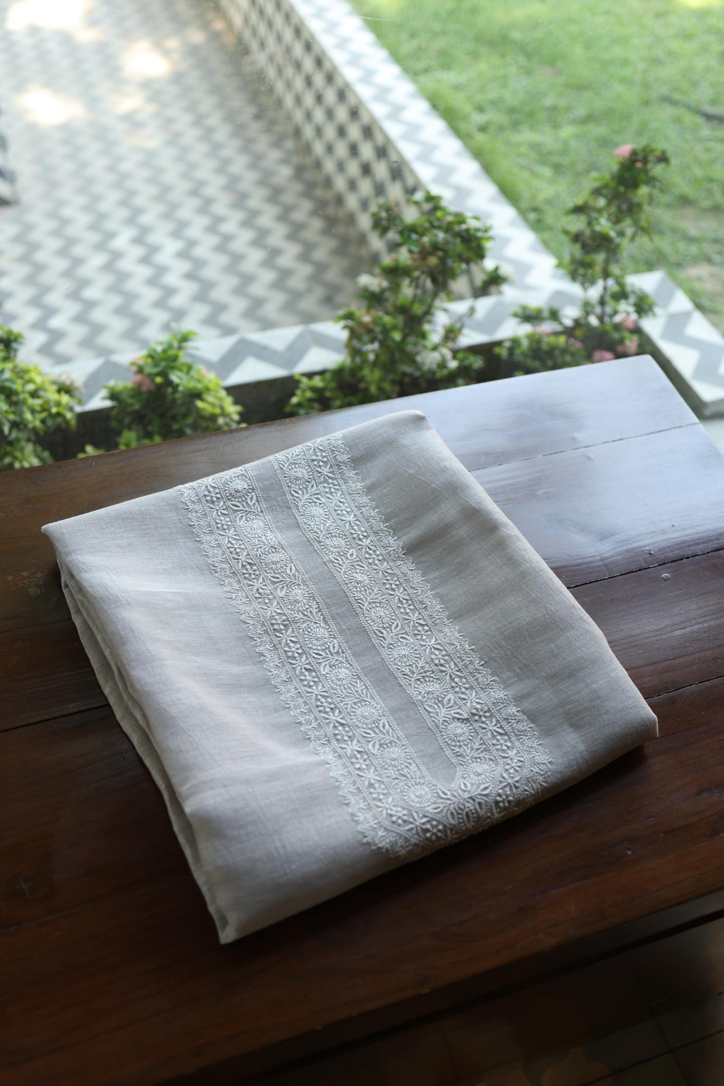 Natural Grey Shade Linen Chikankari Unstitched Men's Kurtas Fabric