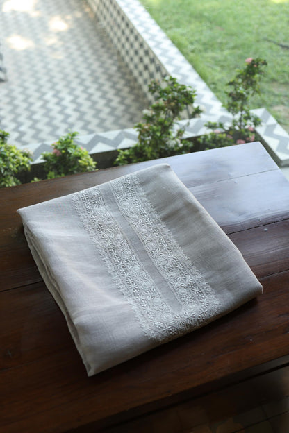 Natural Grey Shade Linen Chikankari Unstitched Men's Kurtas Fabric