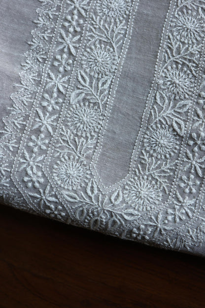Natural Grey Shade Linen Chikankari Unstitched Men's Kurtas Fabric