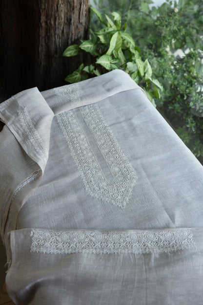 Natural Grey Shade Linen Chikankari Unstitched Men's Kurtas Fabric