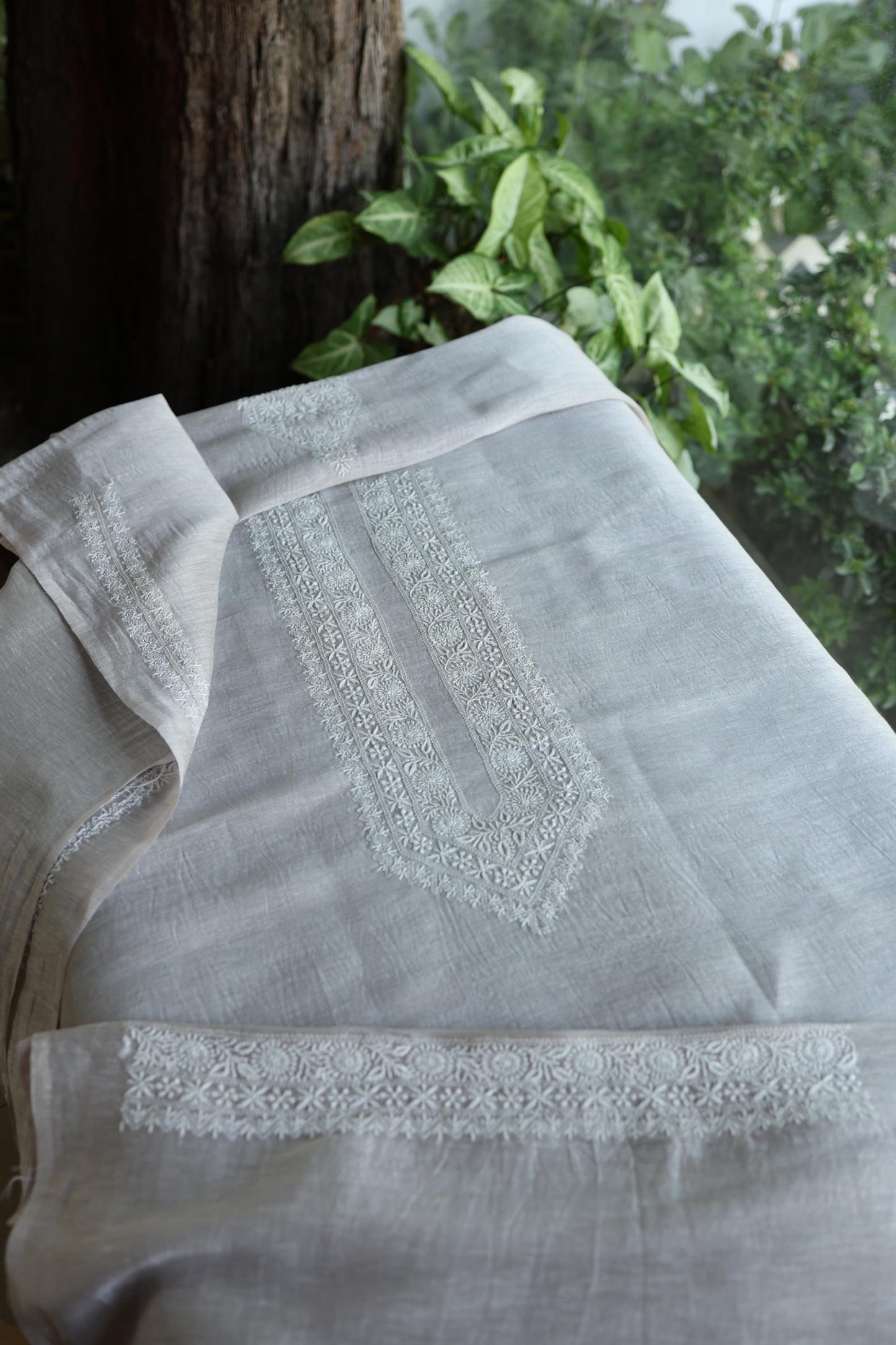Natural Grey Shade Linen Chikankari Unstitched Men's Kurtas Fabric