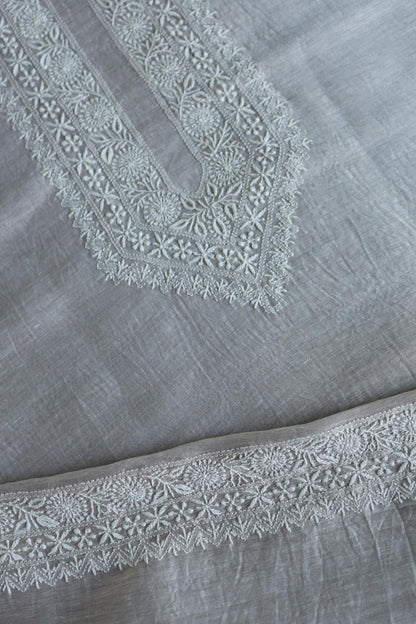 Natural Grey Shade Linen Chikankari Unstitched Men's Kurtas Fabric