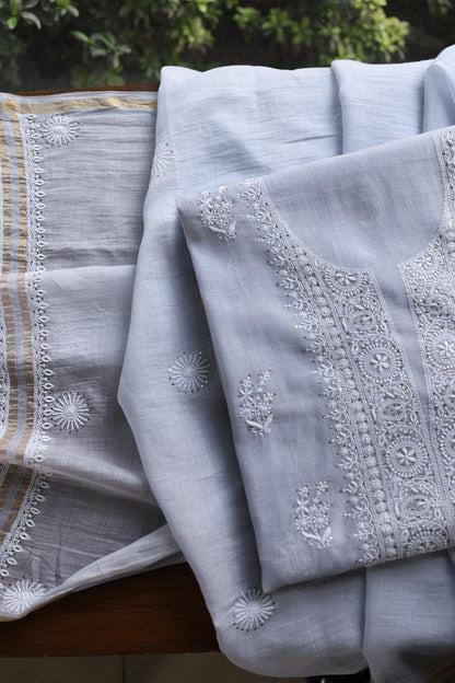 Natural Grey Shade Mal Cotton Fine Chikankari Unstitched Fabric