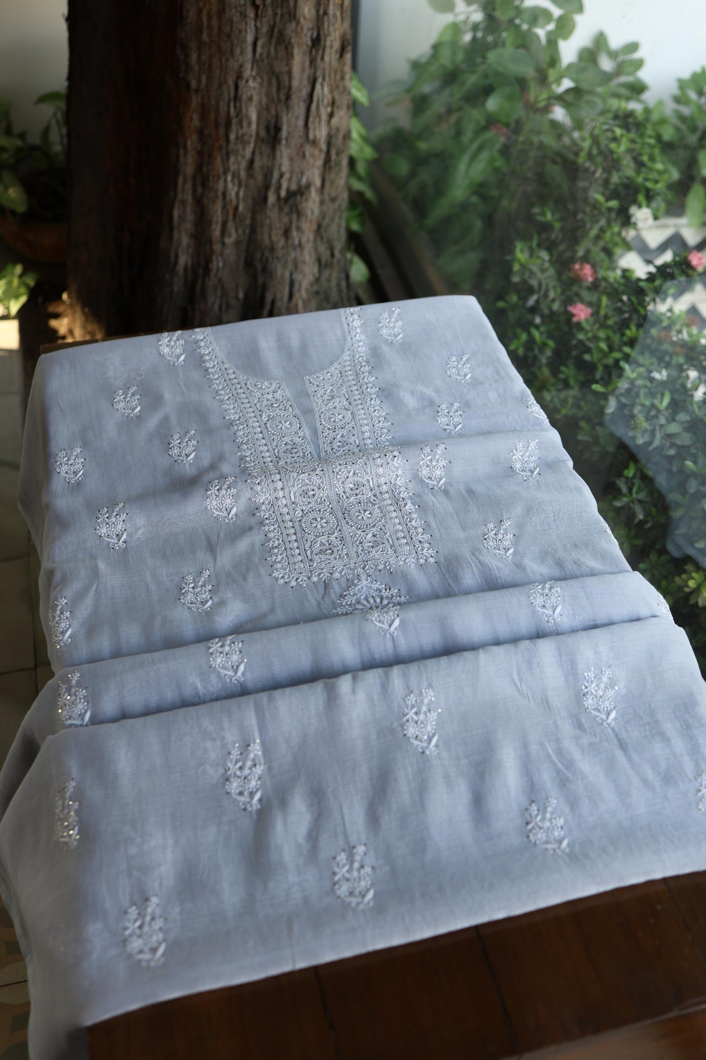 Natural Grey Shade Mal Cotton Fine Chikankari Unstitched Fabric