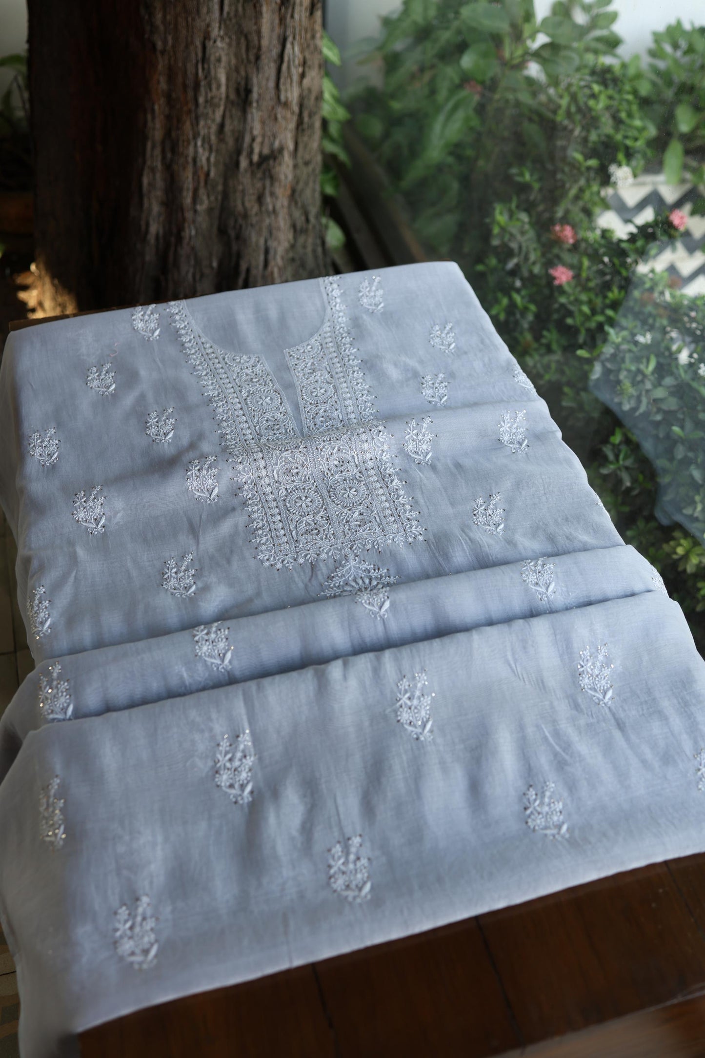 Natural Grey Shade Mal Cotton Fine Chikankari Unstitched Fabric