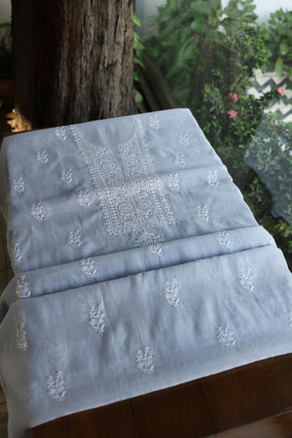 Natural Grey Shade Mal Cotton Fine Chikankari Unstitched Fabric