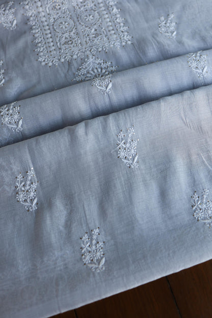 Natural Grey Shade Mal Cotton Fine Chikankari Unstitched Fabric