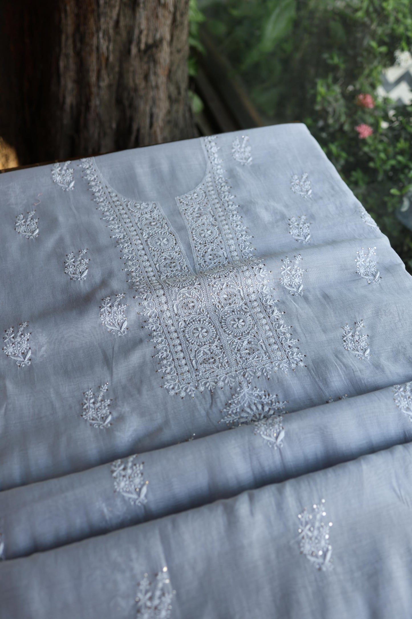 Natural Grey Shade Mal Cotton Fine Chikankari Unstitched Fabric