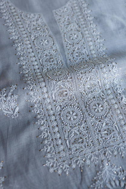 Natural Grey Shade Mal Cotton Fine Chikankari Unstitched Fabric
