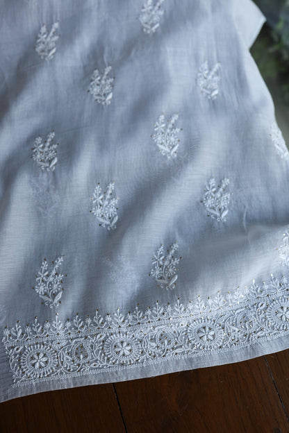 Natural Grey Shade Mal Cotton Fine Chikankari Unstitched Fabric