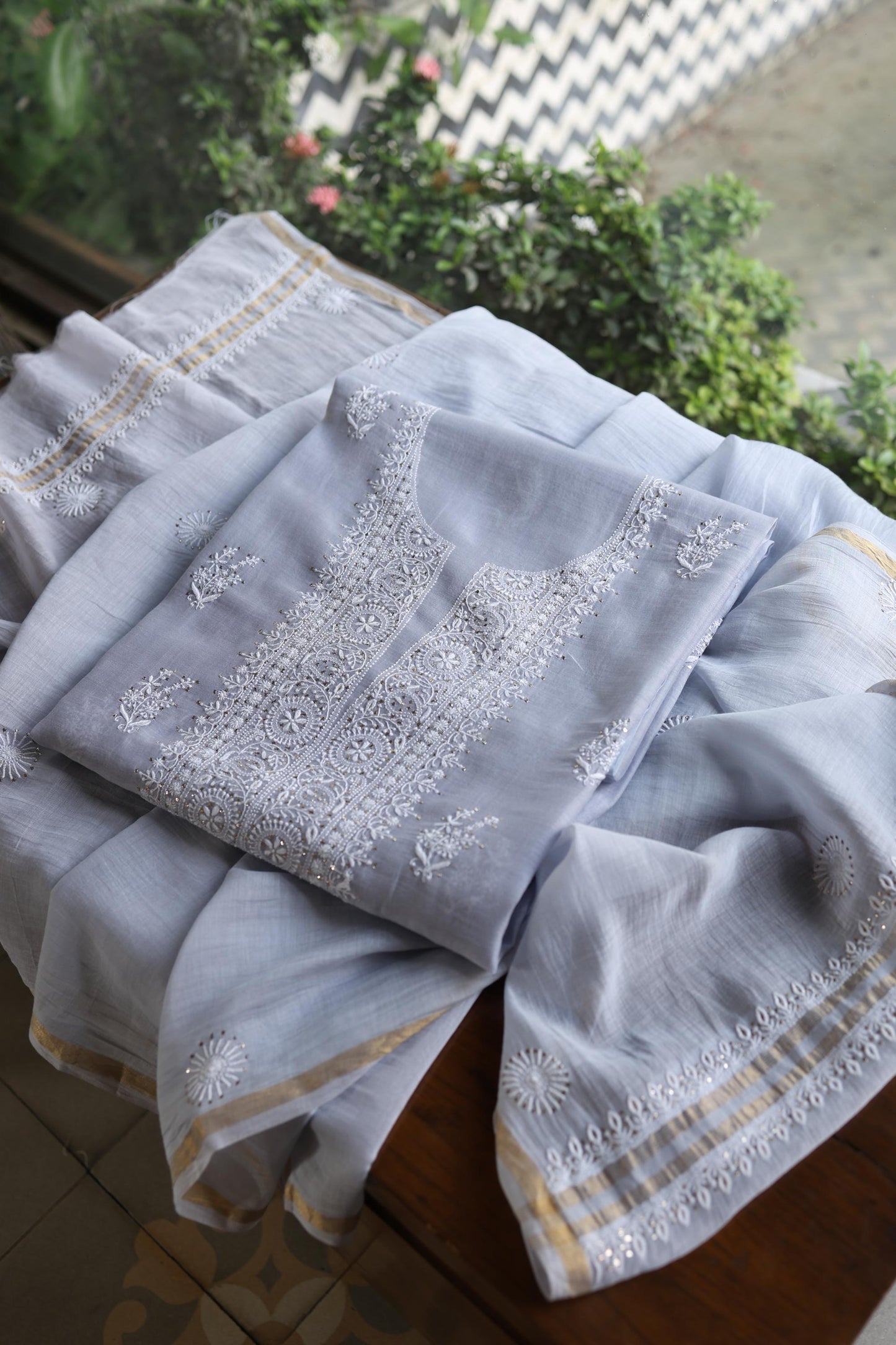 Natural Grey Shade Mal Cotton Fine Chikankari Unstitched Fabric