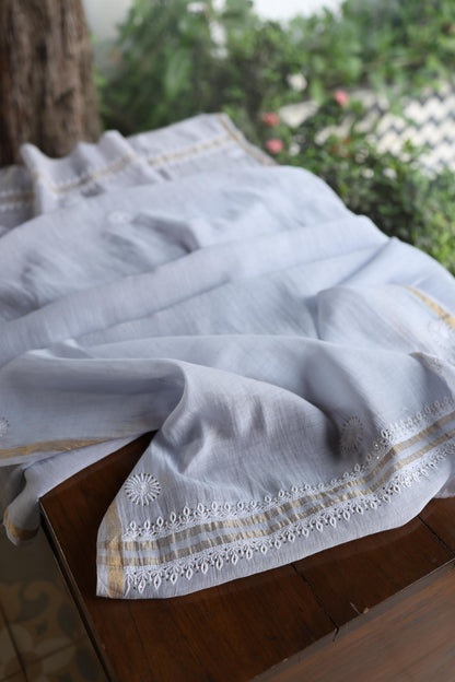 Natural Grey Shade Mal Cotton Fine Chikankari Unstitched Fabric