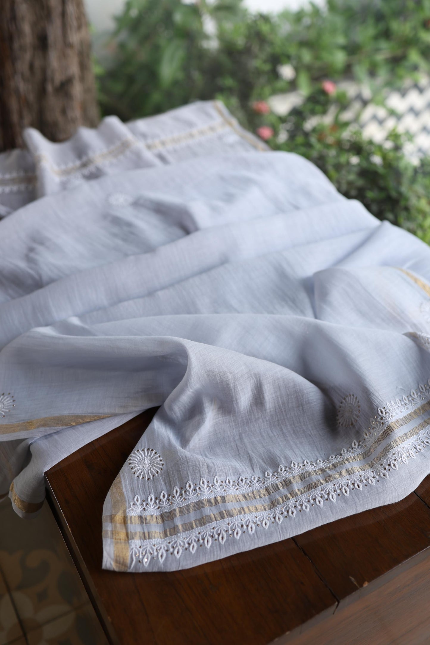Natural Grey Shade Mal Cotton Fine Chikankari Unstitched Fabric