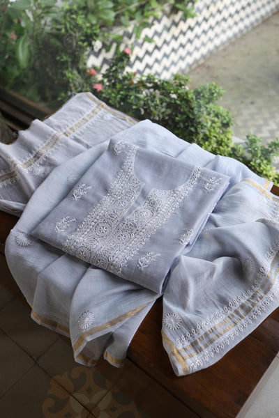 Natural Grey Shade Mal Cotton Fine Chikankari Unstitched Fabric