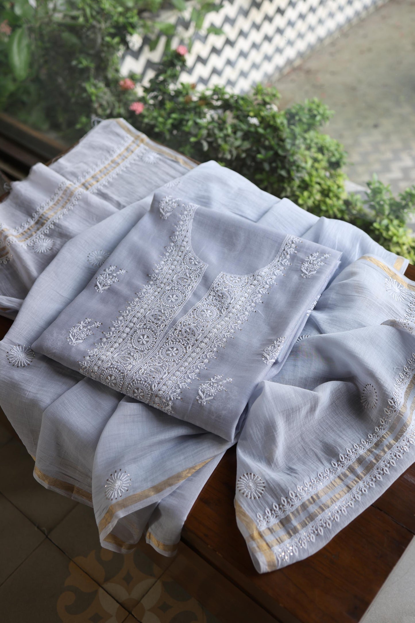 Natural Grey Shade Mal Cotton Fine Chikankari Unstitched Fabric