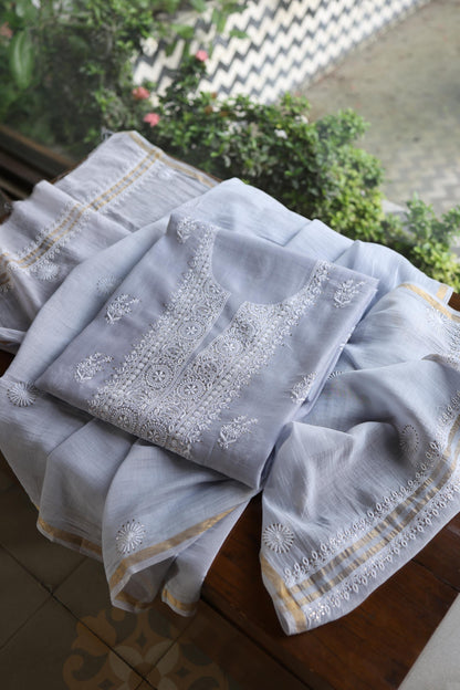 Natural Grey Shade Mal Cotton Fine Chikankari Unstitched Fabric