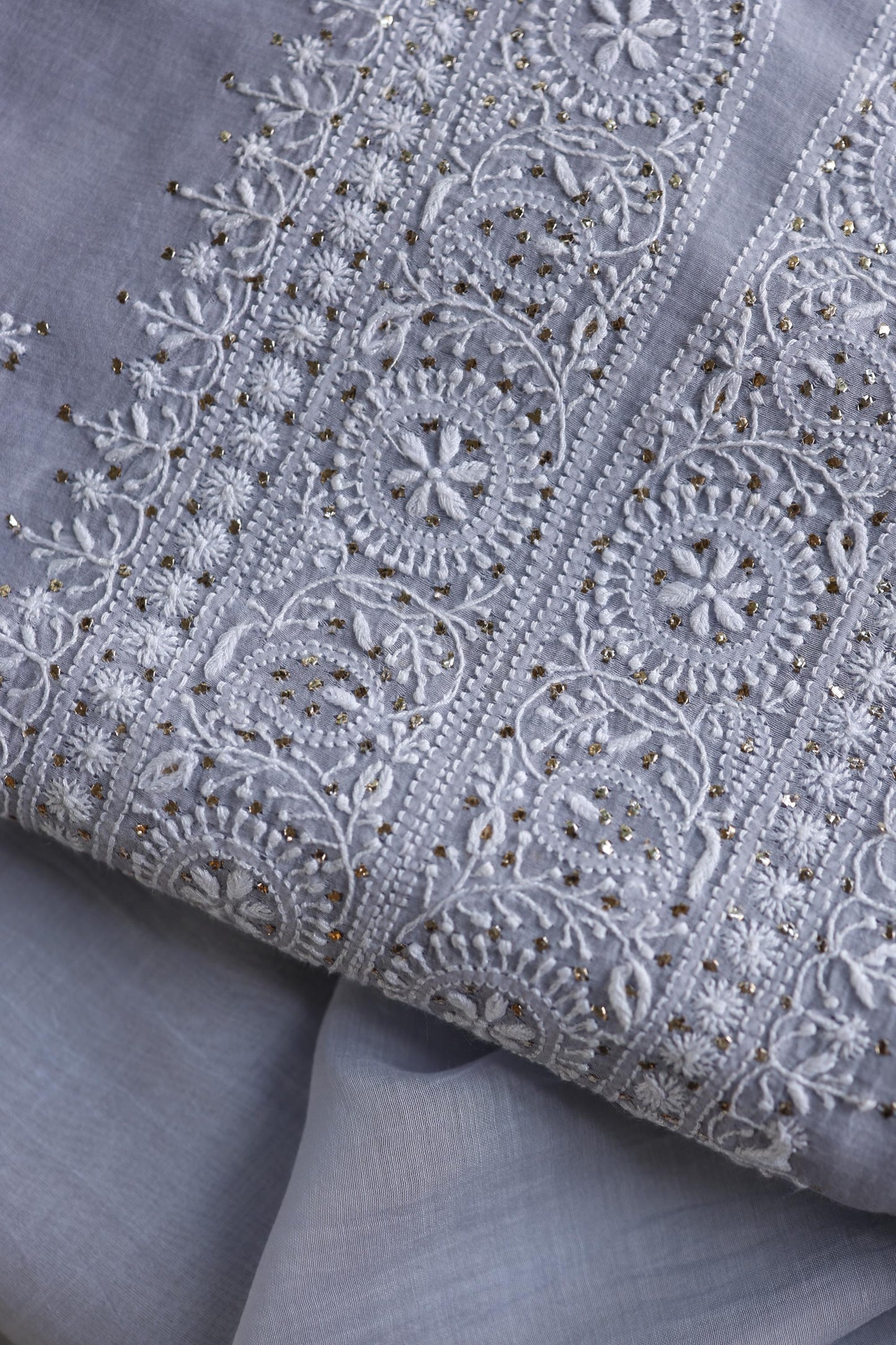 Natural Grey Shade Mal Cotton Fine Chikankari Unstitched Fabric
