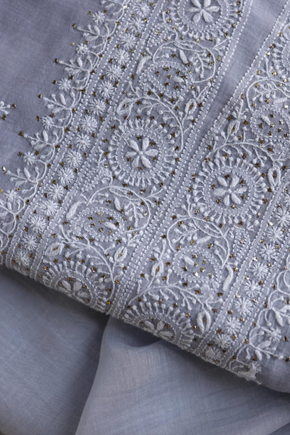 Natural Grey Shade Mal Cotton Fine Chikankari Unstitched Fabric
