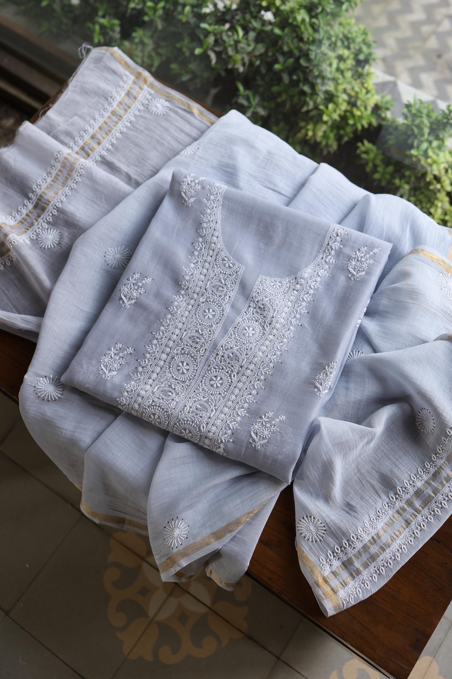 Natural Grey Shade Mal Cotton Fine Chikankari Unstitched Fabric