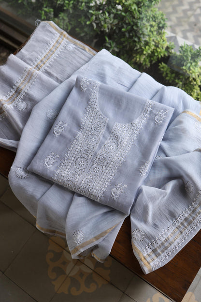 Natural Grey Shade Mal Cotton Fine Chikankari Unstitched Fabric