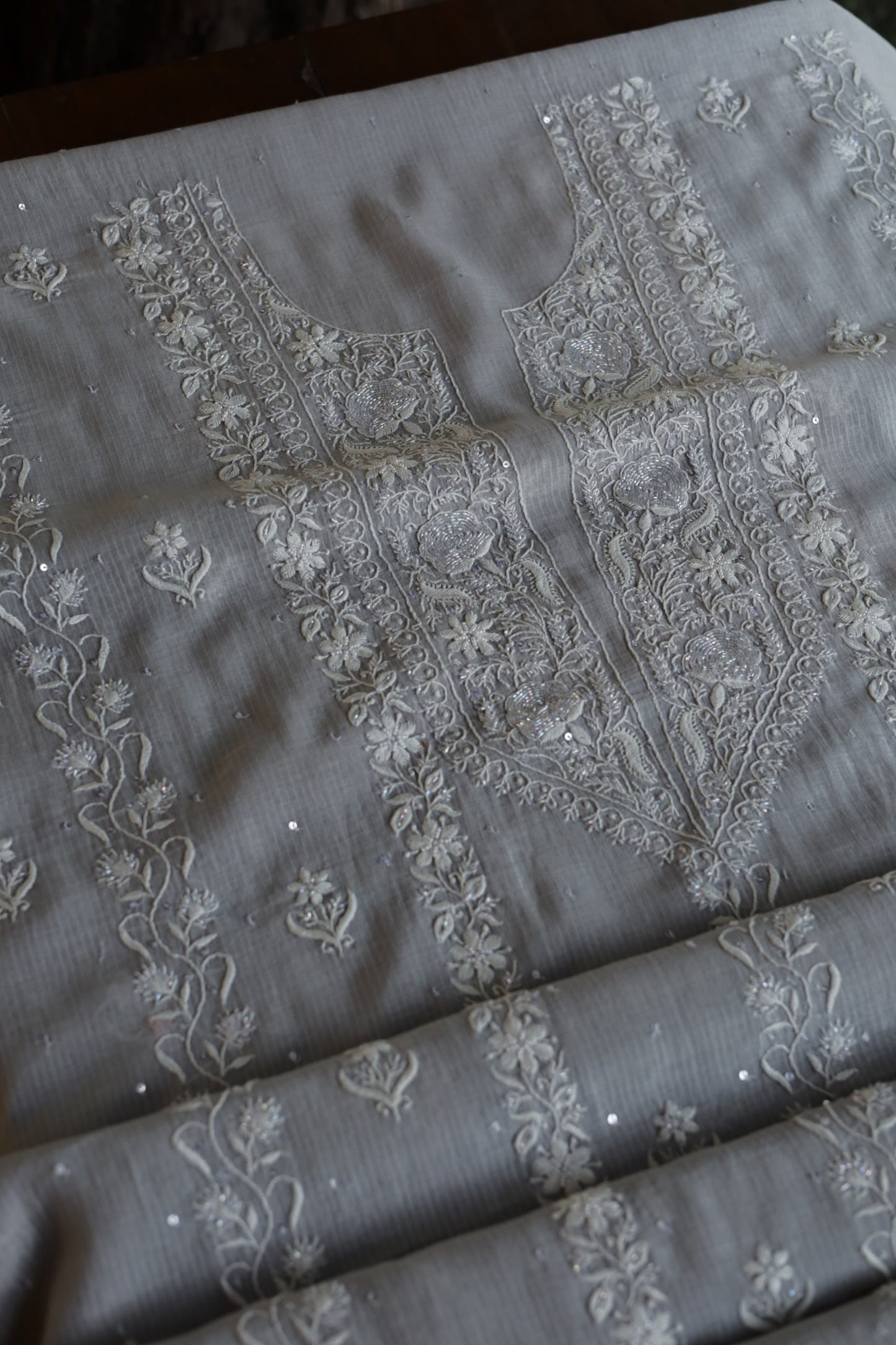 Natural Grey Shade  Maheshwari Pearl Work Chikankari Fabrics