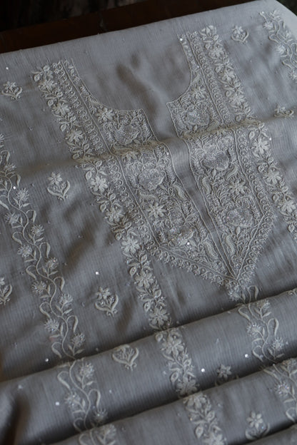 Natural Grey Shade  Maheshwari Pearl Work Chikankari Fabrics
