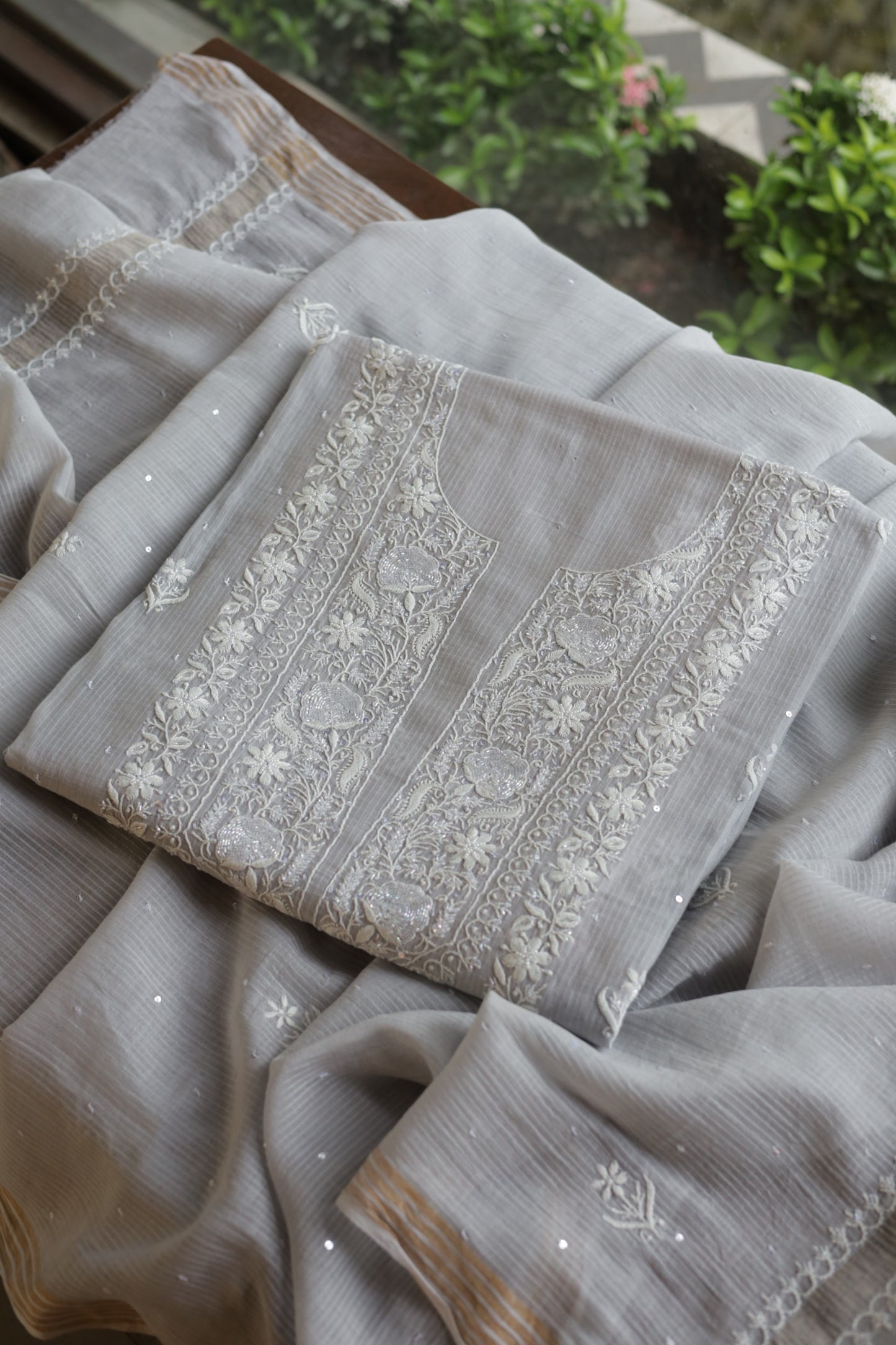 Natural Grey Shade  Maheshwari Pearl Work Chikankari Fabrics