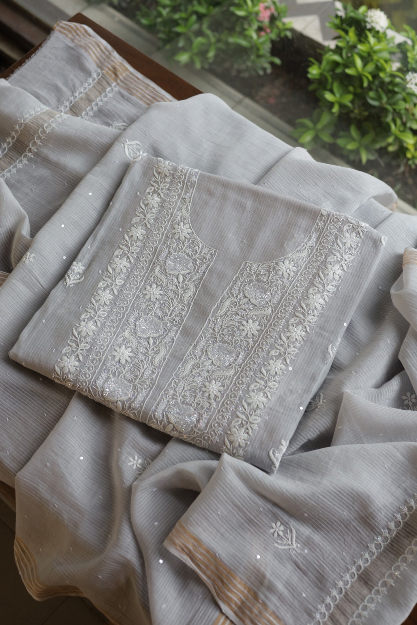 Natural Grey Shade  Maheshwari Pearl Work Chikankari Fabrics